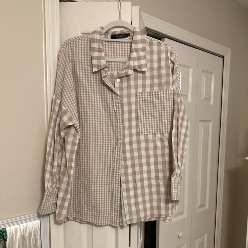 ZESICA Women's Casual Plaid Patchwork Long Sleeve Button Down Shirt